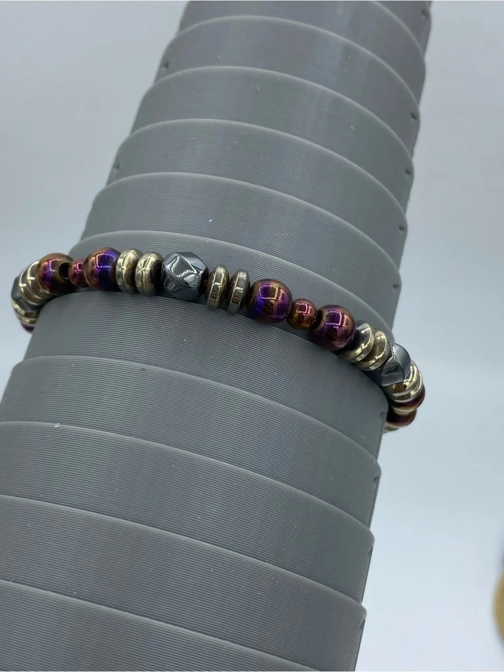 Hematite and Iridescent Purple Beaded Stretch Bracelet